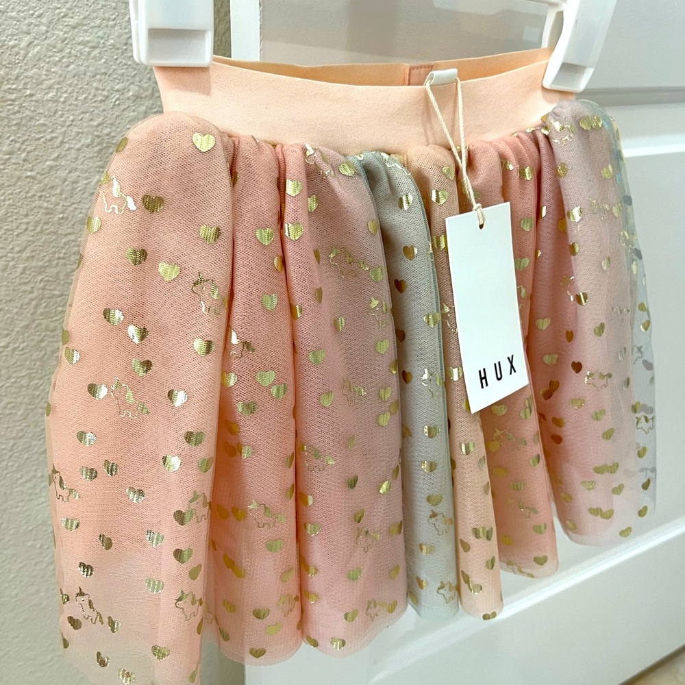 NWT HUXBABY Unicorn Dream Tulle Party Skirt Pink Peach Gold Foil Size 5